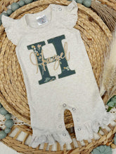 Load image into Gallery viewer, Personalized Baby Girl Outfit | Oatmeal Flutter Sleeve Ruffle Romper Floral Green Baby Name
