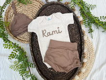 Load image into Gallery viewer, Personalized Baby Boy Outfit | Oatmeal Bodysuit Chocolate Brown Baby Name
