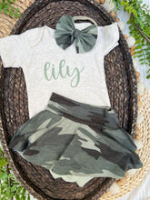 Load image into Gallery viewer, Personalized Baby Girl Outfit | Oatmeal Bodysuit Camo Skirt Green Baby Name

