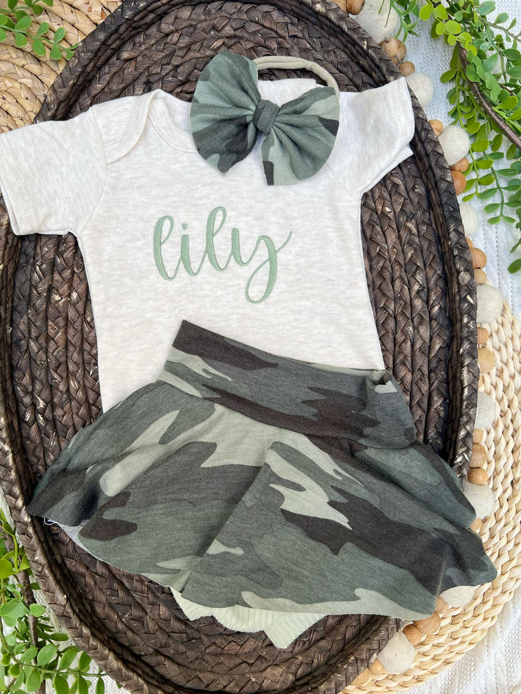 Personalized Baby Girl Outfit | Oatmeal Bodysuit Camo Skirt Green Baby Name