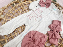 Load image into Gallery viewer, Personalized Baby Girl Newborn Outfit | Oatmeal Zip Romper Custom Color Baby Name
