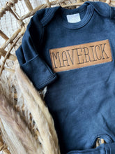 Load image into Gallery viewer, Personalized Baby Boy Outfit | Navy Romper - Leather Patch Style Baby Name
