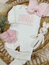 Load image into Gallery viewer, Personalized Baby Girl Outfit | White Cotton Romper Pink Baby Name
