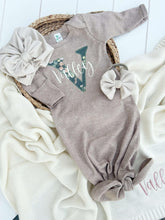 Load image into Gallery viewer, Personalized Baby Girl Outfit | Taupe Knotted Gown Floral Green - Valley Joy
