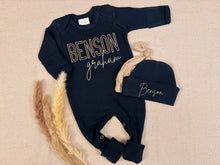 Load image into Gallery viewer, Personalized Baby Boy Coming Home Outfit – Navy Footie &amp; Hat

