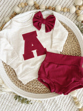 Load image into Gallery viewer, Personalized Baby Sweatshirt Set | Oatmeal Pullover Red Letter Game Day Baby Name
