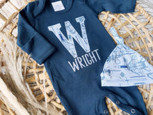 Load image into Gallery viewer, Personalized Baby Boy Outfit | Navy Romper- Airplane Jets Blue Initial Baby Name
