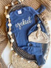 Load image into Gallery viewer, Personalized Navy Blue Beige Baby Boy Outfit | Heather Navy Blue Romper Biege Chunky Chain Stitch - Ezekiel
