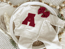 Load image into Gallery viewer, Personalized Baby Sweatshirt Set | Oatmeal Pullover Red Letter Game Day Baby Name
