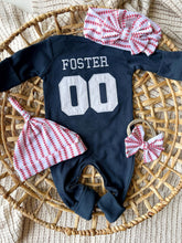 Load image into Gallery viewer, Personalized Baby Boy Outfit | Navy Romper - Jersey Style Football Baseball Baby Name
