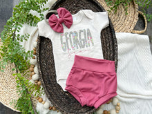 Load image into Gallery viewer, Personalized Baby Girl Outfit | Oatmeal Beige Bodysuit Floral Pink Blue Baby Name
