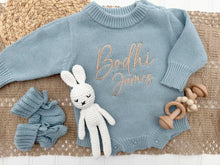 Load image into Gallery viewer, Personalized Baby Boy Outfit | Sweater Bubble Romper Blue Baby Name
