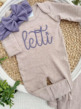Load image into Gallery viewer, Personalized Baby Girl Outfit | Mocha Brown Romper Ellison Purple Chunky Chain Stitch Baby Name
