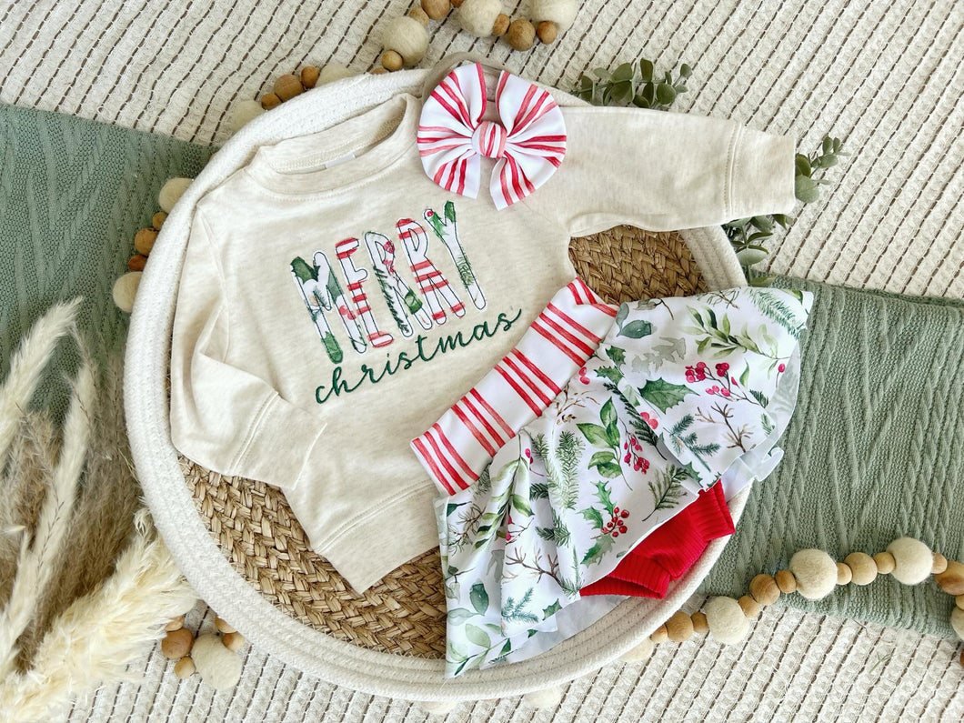 Christmas Baby Sweatshirt Set | Oatmeal Pullover Merry Christmas Holly With Stripes