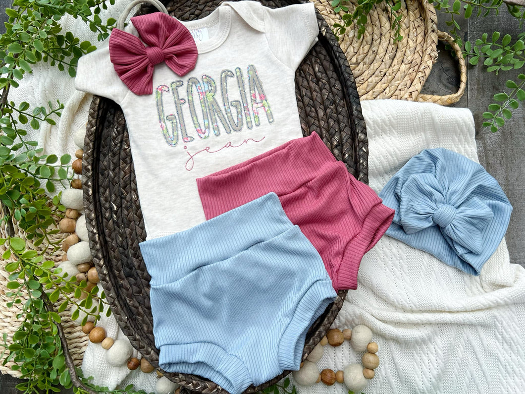 Personalized Baby Girl Outfit | Oatmeal Beige Bodysuit Floral Pink Blue Baby Name