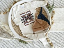 Load image into Gallery viewer, Personalized Baby Boy Name Outfit | Oatmeal Beige Romper Football Brown Big Initial
