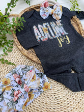 Load image into Gallery viewer, Personalized Baby Girl Outfit | Charcoal Gray Romper Floral Yellow Pink Baby Name
