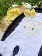 Load image into Gallery viewer, Personalized Baby Girl Outfit | White Flutter Sleeve Ruffle Romper Floral Yellows Baby Name
