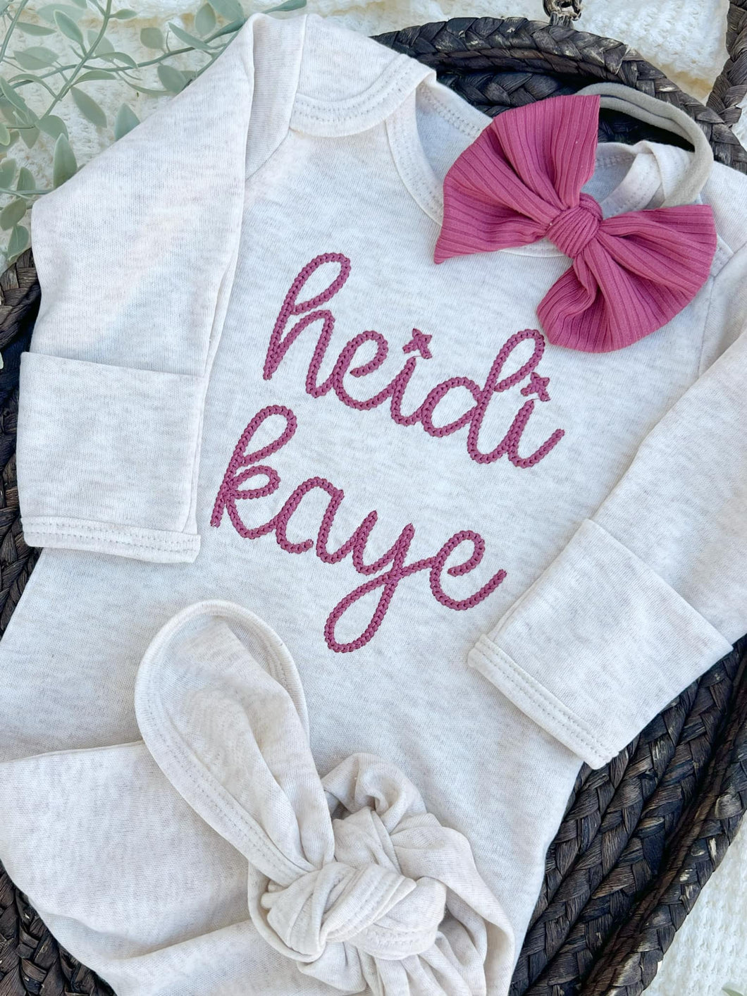 Personalized Baby Girl Outfit | Oatmeal Knotted Baby Gown Deep Pink Chunky Baby Name - Heidi Kaye