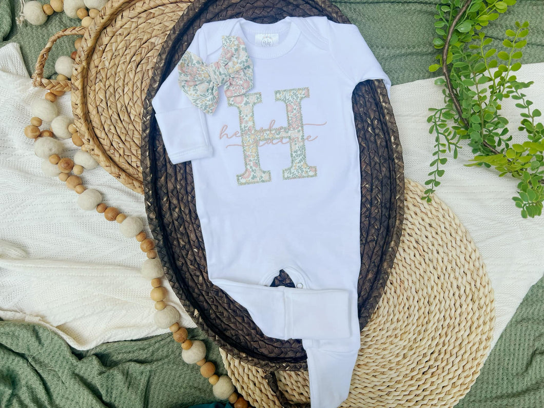 Personalized Baby Girl Outfit | White Romper Floral Letter Pink Pastel Baby Name