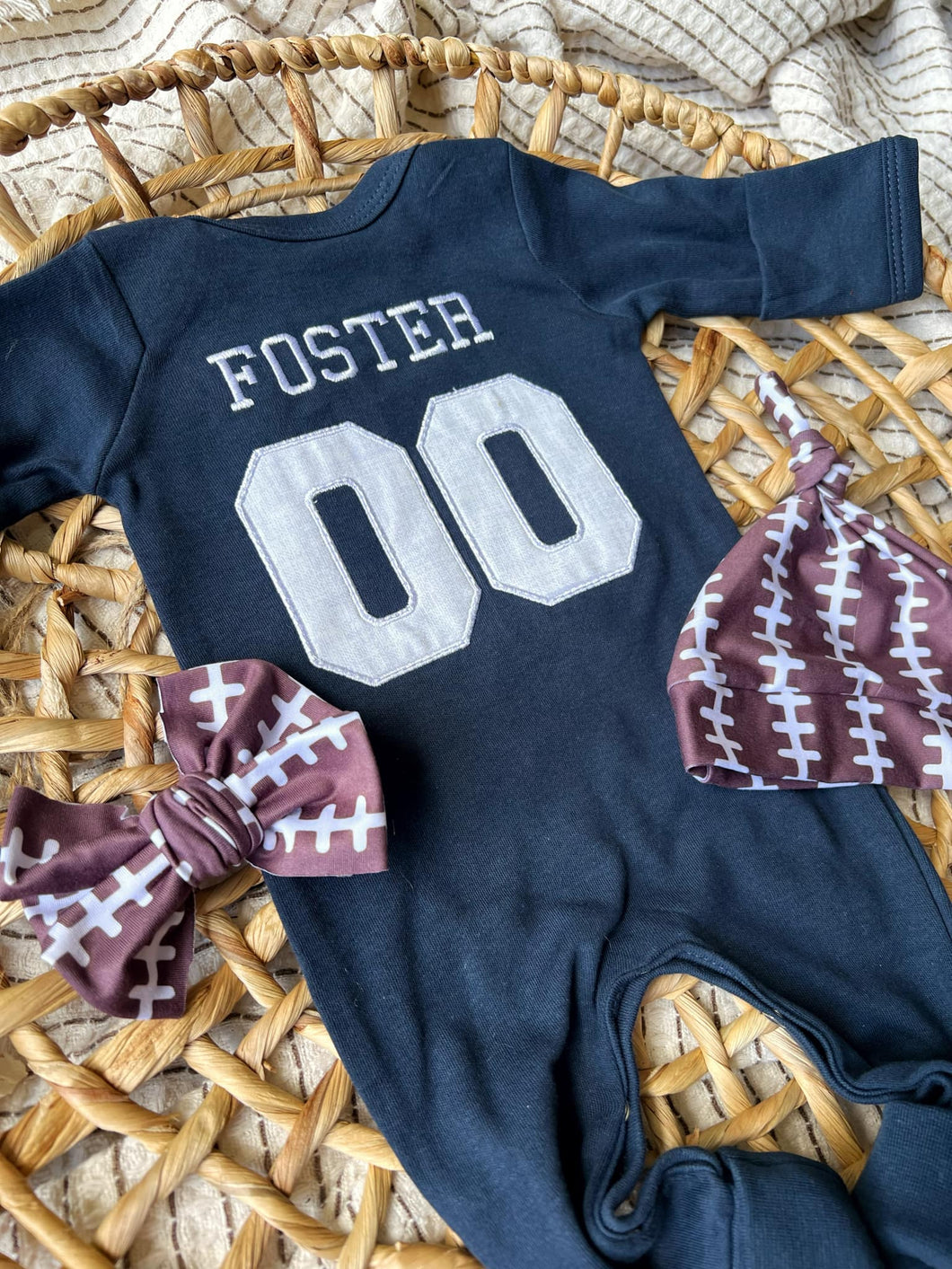 Personalized Baby Boy Outfit | Navy Romper - Jersey Style Football Baseball Baby Name