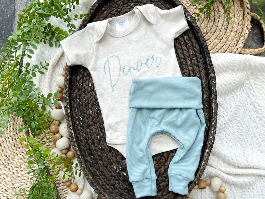Personalized Baby Boy Outfit | Oatmeal Beige Bodysuit Soft Blue Custom Baby Name