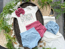 Load image into Gallery viewer, Personalized Baby Girl Outfit | Oatmeal Beige Bodysuit Floral Pink Blue Baby Name
