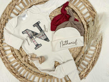 Load image into Gallery viewer, Personalized Baby Boy Newborn Outfit | Natural Oatmeal Romper Plaid Baby Name
