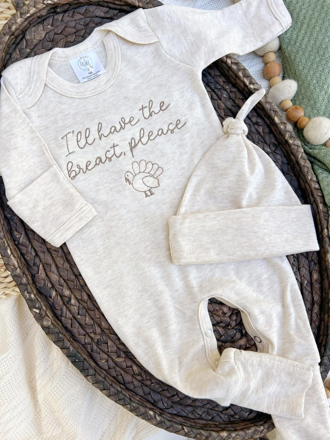 Thanksgiving Baby Outfit | Oatmeal Baby Romper - I'll Have The Breast Please Turkey