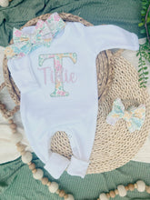 Load image into Gallery viewer, Personalized Baby Girl Outfit | White Romper Tiny Floral Letter Pink Pastel Baby Name
