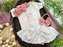 Load image into Gallery viewer, Personalized Baby Girl Outfit | Oatmeal Bodysuit Small Flowers Skirt Pink Baby Name
