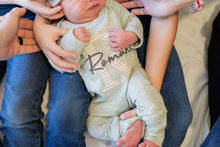 Load image into Gallery viewer, Personalized Baby Boy Outfit | Oatmeal, Sage, Mocha Romper Beige Stripe Initial Baby Name
