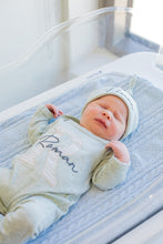 Load image into Gallery viewer, Personalized Baby Boy Outfit | Oatmeal, Sage, Mocha Romper Beige Stripe Initial Baby Name
