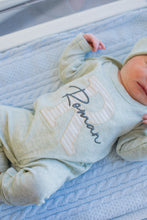Load image into Gallery viewer, Personalized Baby Boy Outfit | Oatmeal, Sage, Mocha Romper Beige Stripe Initial Baby Name
