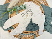 Load image into Gallery viewer, Personalized Baby Boy Newborn Outfit | Natural Oatmeal Romper Duck Baby Boy Name
