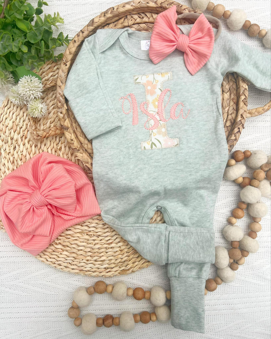 Personalized Baby Girl Outfit | Sage Green Romper Floral Letter Pink Baby Name