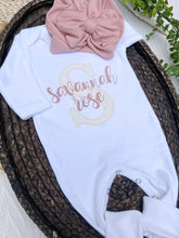 Load image into Gallery viewer, Personalized Baby Girl Outfit | White Romper Ivory Lace Letter Pink Baby Name
