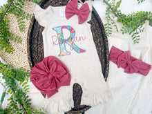 Load image into Gallery viewer, Personalized Baby Girl Outfit | Oatmeal Flutter Sleeve Ruffle Romper Floral Bright Blue Baby Name
