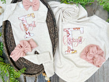Load image into Gallery viewer, Personalized Baby Girl Outfit | Oatmeal Beige Romper Floral Golden Pink Baby Name
