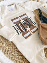 Load image into Gallery viewer, Personalized Baby Boy Name Outfit | Oatmeal Beige Romper Football Brown Big Initial
