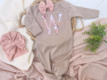 Load image into Gallery viewer, Personalized Baby Girl Outfit | Taupe Knotted Gown Floral Pink Gold - Willow
