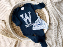 Load image into Gallery viewer, Personalized Baby Boy Outfit | Navy Romper- Airplane Jets Blue Initial Baby Name
