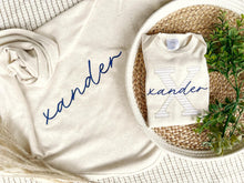 Load image into Gallery viewer, Personalized Baby Boy Newborn Outfit | Oatmeal Romper Big Letter Navy Blue Baby Name
