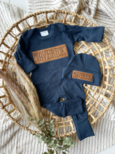 Load image into Gallery viewer, Personalized Baby Boy Outfit | Navy Romper - Leather Patch Style Baby Name
