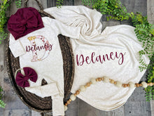 Load image into Gallery viewer, Personalized Baby Girl Outfit | Oatmeal Romper Tan Burgundy Floral Initial Custom Baby Name
