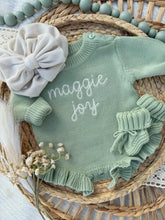 Load image into Gallery viewer, Personalized Baby Girl Newborn Outfit | Sage Green Sweater Romper Baby Name
