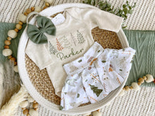 Load image into Gallery viewer, Personalized  Baby Girl Outfit | Oatmeal Bodysuit Evergreen Trees Skirt Baby Name
