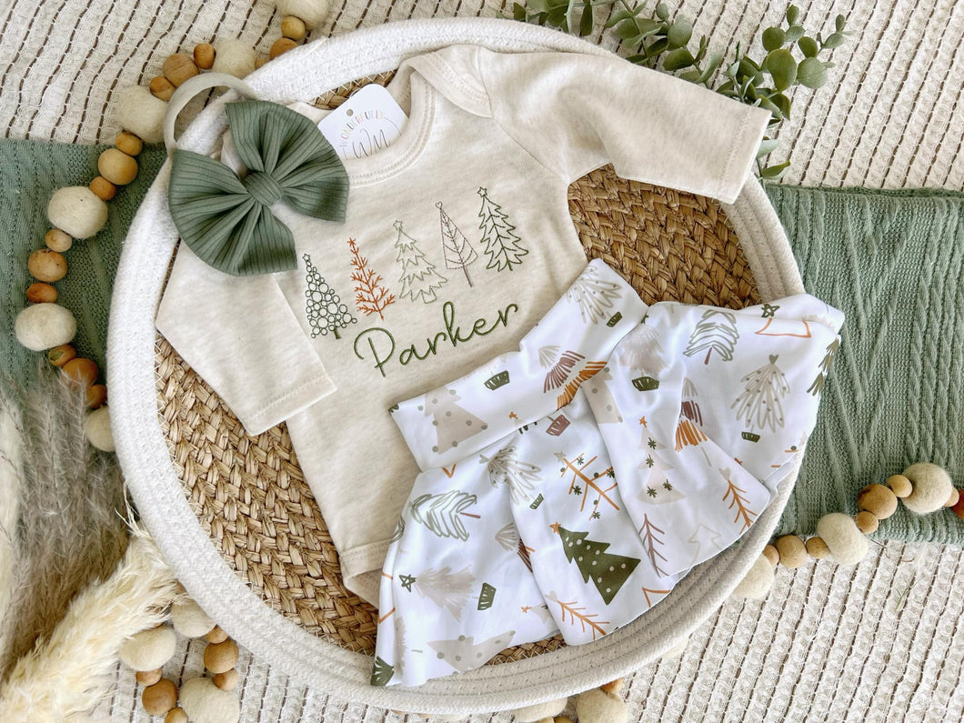 Personalized  Baby Girl Outfit | Oatmeal Bodysuit Evergreen Trees Skirt Baby Name