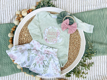 Load image into Gallery viewer, Personalized Baby Girl Outfit | Sage Green Bodysuit Small Flowers Skirt Pink Baby Name
