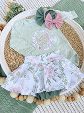 Load image into Gallery viewer, Personalized Baby Girl Outfit | Sage Green Bodysuit Small Flowers Skirt Pink Baby Name
